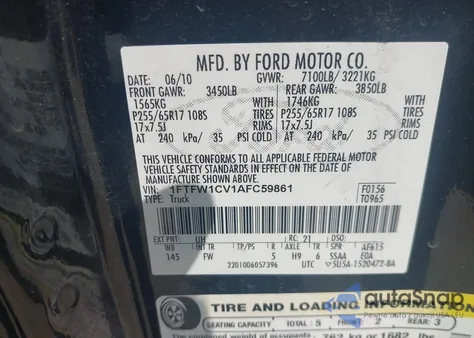 2010 Ford F-150 Fx2 Sport/Harley-Davidson/King Ranch/Lariat/Platinum/Xl/Xlt from USA, damaged, VIN 1FTFW1CV1AFC59861
